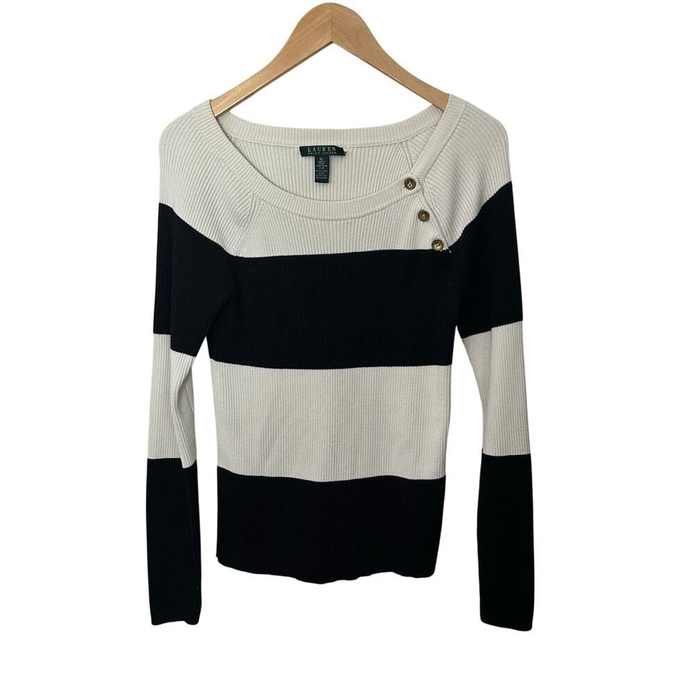 Lauren Ralph Lauren Womens M Ribbed Knit Top Stretch Black Cream Bold‎ Stripe